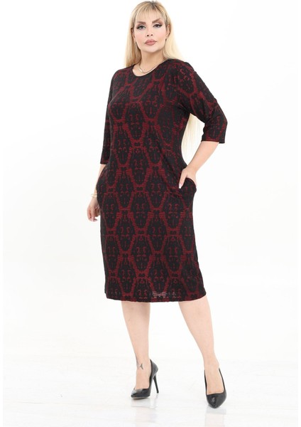Çift Cepli Desenli Esnek Kışlık Büyük Beden Midi Elbise 9E-2721 fiyatları