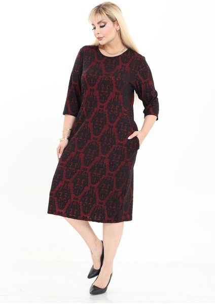 Çift Cepli Desenli Esnek Kışlık Büyük Beden Midi Elbise 9E-2721 modelleri