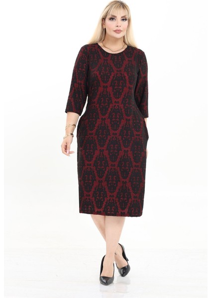 Çift Cepli Desenli Esnek Kışlık Büyük Beden Midi Elbise 9E-2721 fırsatları