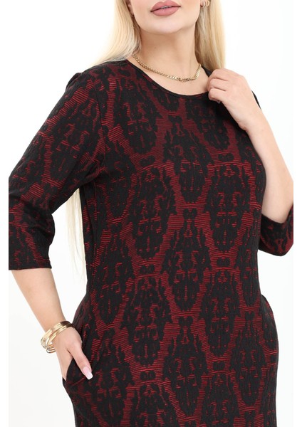 Çift Cepli Desenli Esnek Kışlık Büyük Beden Midi Elbise 9E-2721 indirimleri