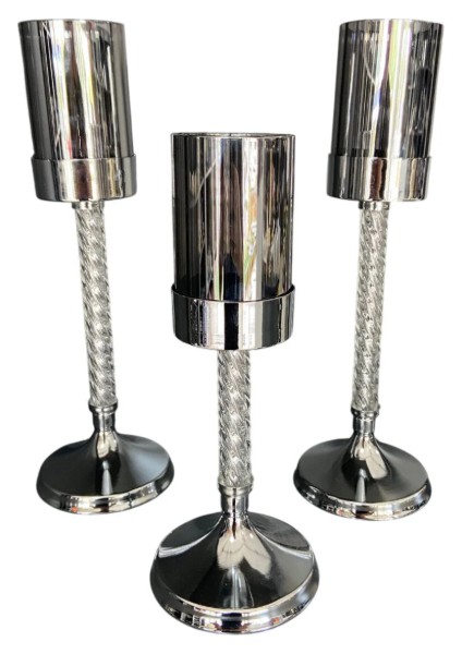 3 Lü Dekoratif Metal & Cam Şamdan Seti | Gold & Gümüş | 33CM - 28CM - 23CM Salon ve Masa Aksesuarı