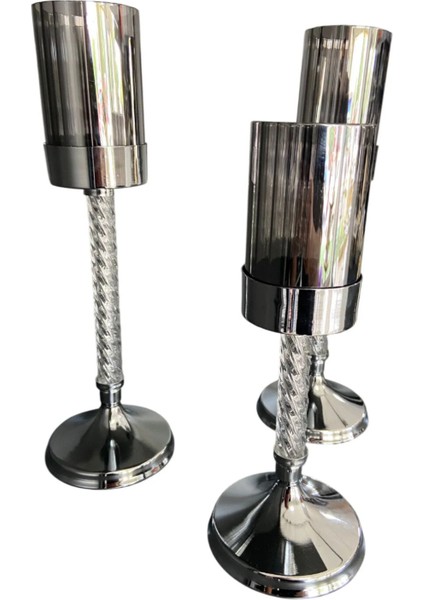 3 Lü Dekoratif Metal & Cam Şamdan Seti | Gold & Gümüş | 33CM - 28CM - 23CM Salon ve Masa Aksesuarı indirimleri