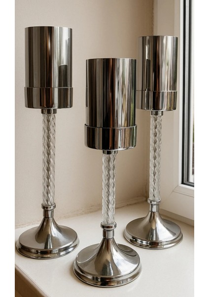 3 Lü Dekoratif Metal & Cam Şamdan Seti | Gold & Gümüş | 33CM - 28CM - 23CM Salon ve Masa Aksesuarı