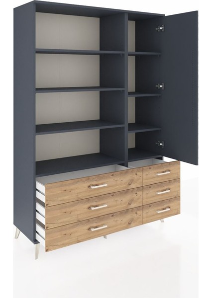 Hyperion Dolap 8 Raflı 6 Çekmeceli Tek Kapaklı 132X44X195 Antrasit-Antrasit/çam indirimleri