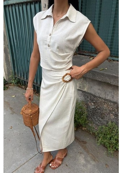 Bluzu Büzgülü ve Eteği Tokalı Keten Takım 10204 modelleri