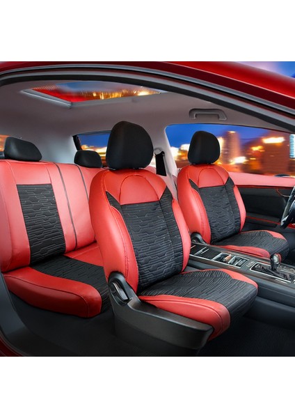 Chevrolet Lacetti Yarı Deri Oto Koltuk Kılıfı Ön Arka Set Kırmızı Siyah Premium Seri Scr