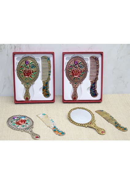 Gül Tasarımı Ayna Ve Tarak Seti Küçük Boy