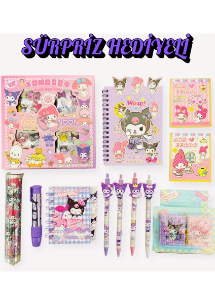 Kuromi Sanrio Kawai 16 Parça Kırtasiye Seti Uçlu Kalem Not Defteri Kutulu Sticker Mini Defter Set
