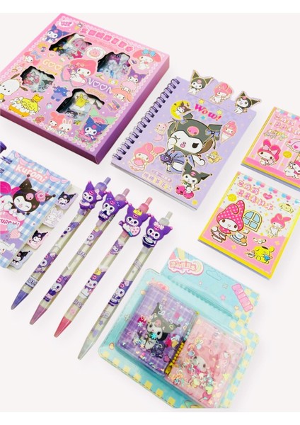 Kuromi Sanrio Kawai 16 Parça Kırtasiye Seti Uçlu Kalem Not Defteri Kutulu Sticker Mini Defter Set modelleri