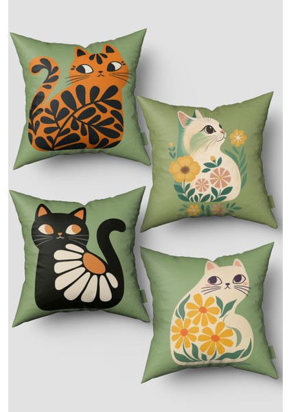 Yeşil Sevimli Kediler 4'lü Kırlent Kılıfı