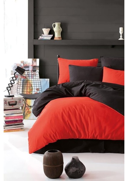 Nevresim Takımı Çarşafı Çift Taraflı Çift Kişilik 200X220 -Siyah Kırmızı