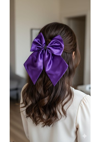Mor Saten Parlak Büyük Fiyonk Saç Tokası – Kadın Saç Aksesuarı
