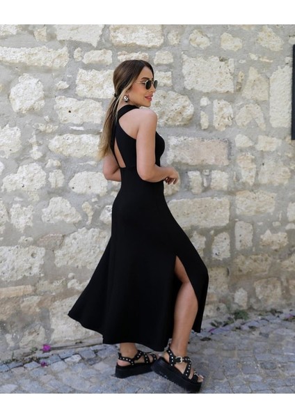 Kadın Arkadan Çapraz Detay Yuvarlak Yaka Maksi Viskon Elbise indirimleri