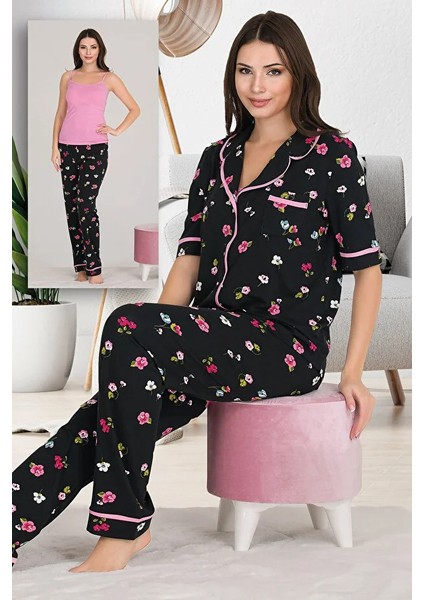 Lady Çiçekli Viskon Kumaş Kısa Kollu Gömlekli ve Askılı 3 Lü Pijama Takımı