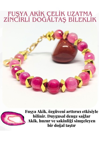 Fuşya Akik Çelik Uzatma Zincirli Doğaltaş Bileklik
