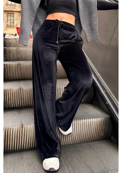 Koyu Siyah Bol Paça Kadife Pantolon MG2283 fırsatları