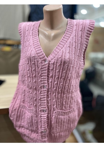 Kadın Triko Düğmeli Cepli Yelek