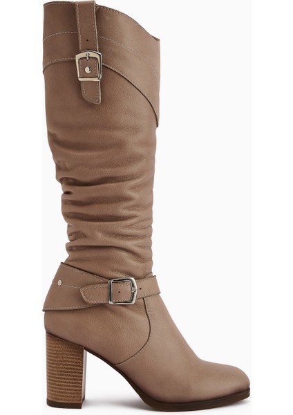 Ting Hakiki Deri Vizon Toka Detaylı Kadın Topuklu Çizme