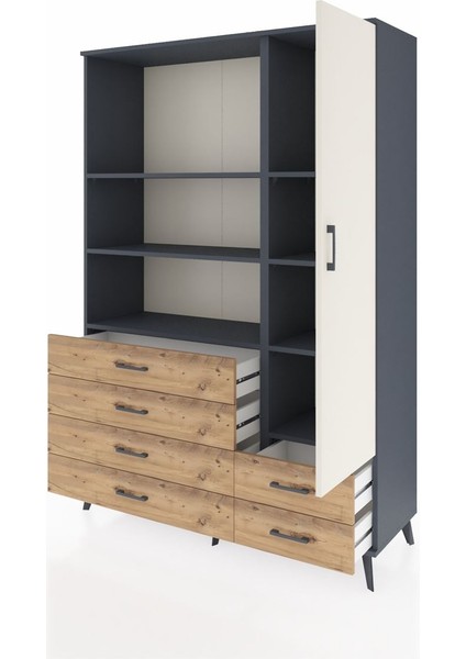Hyperion Dolap 7 Raflı 6 Çekmeceli Tek Kapaklı 132X44X195 Antrasit-Aytaşı/çam modelleri