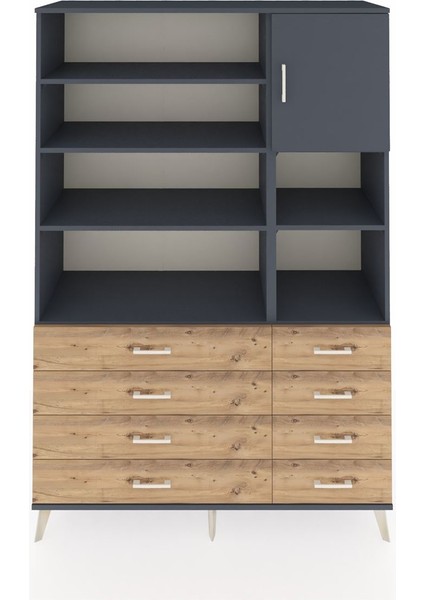 Hyperion Dolap 8 Raflı 8 Çekmeceli Tek Kapaklı 132X44X195 Antrasit-Antrasit/çam