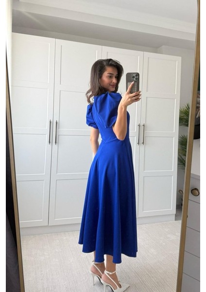 Kadın Kısa Balon Kollu Bisiklet Yaka Geniş Kesim Janjan Krep Elbise