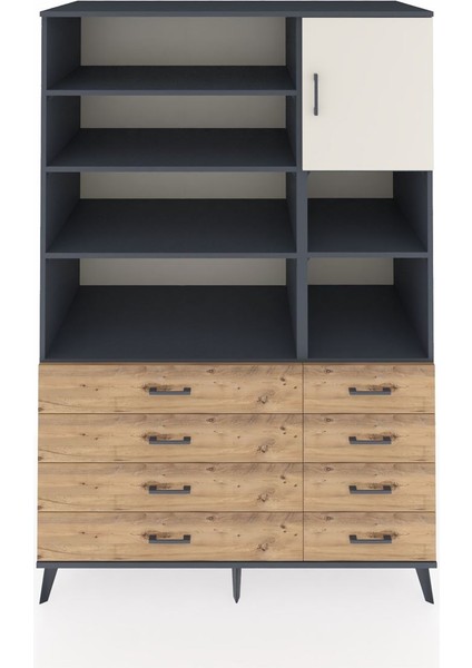 Kronos Dolap 8 Raflı 8 Çekmeceli Tek Kapaklı 132X59X195 Antrasit-Aytaşı/çam