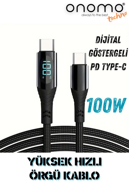 Techno 100W Type-C Dijital Göstergeli Şarj ve Veri Kablosu, Örgülü, 120cm, Siyah