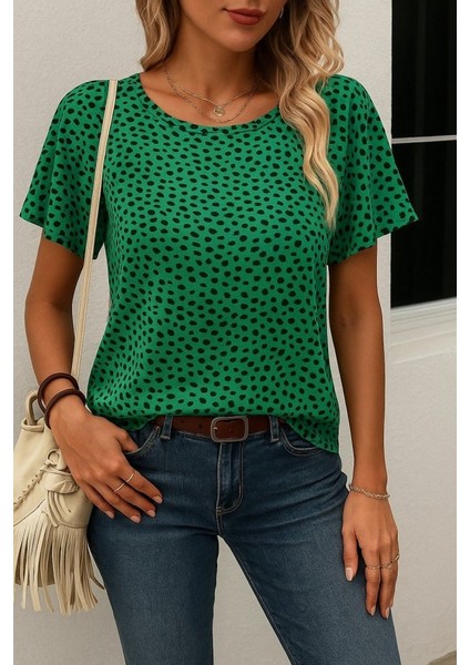 Kadın Kısa Kollu Kolları Volanlı Baskılı Süprem Bluz