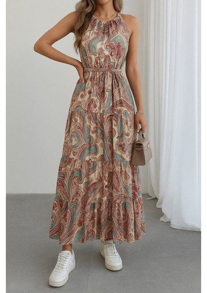 Kadın Halter Yakalı Omuzlardan Açık Kuşaklı Maksi Boy Desenli Süprem Elbise