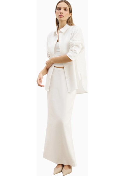 Mid Rise Linen Keten Maxi Kadın Etek