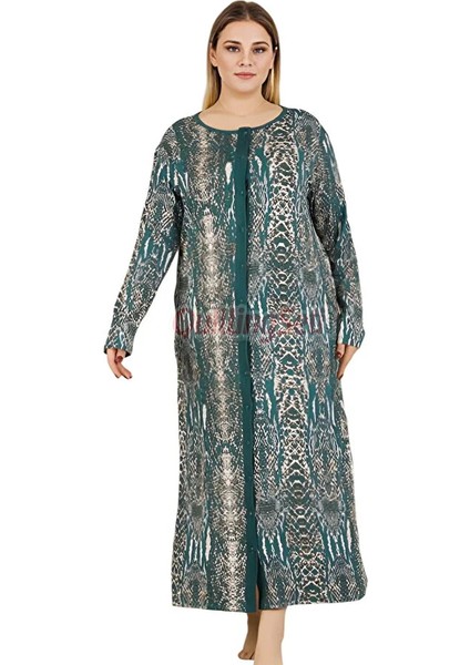Lady Lingerie Desenli ve Boydan Düğmeli Kadın Uzun Kol Düğmeli Yaka Büyük Beden Elbise