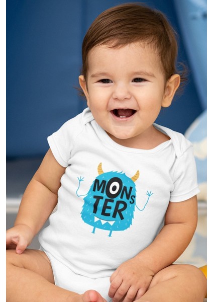 Organik %100 Pamuk Little Monster Baskılı Bebek Body Badi Çıtçıtlı Zıbın Tulum 5374