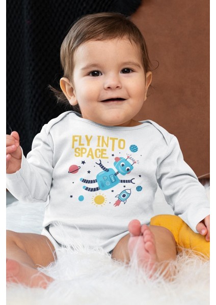 Organik %100 Pamuk Space Uzay Baskılı Uzun Kollu Bebek Çıtçıtlı Body Badi Zıbın Tulum 5377