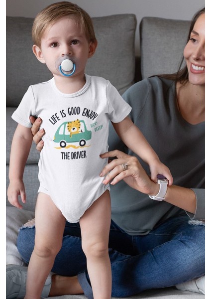 Organik %100 Pamuk The Driver Araba Baskılı Kısa Kollu Bebek Çıtçıtlı Body Badi Zıbın Tulum 5383