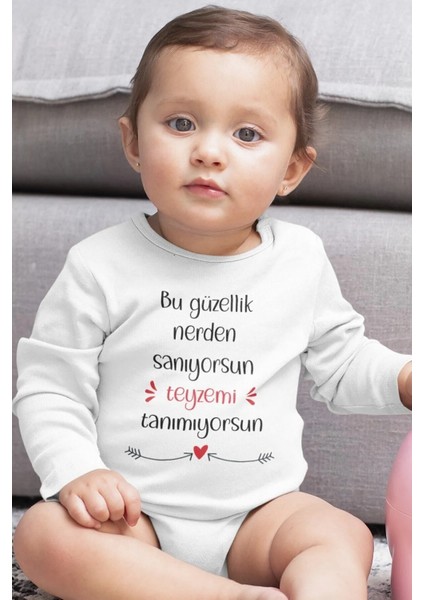%100 Pamuk Bu Güzellik Nerden Teyze Uzun Kollu Bebek Çıtçıtlı Body Badi Teyze Yazılı Zıbın 5412