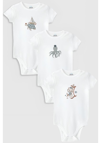 Organik %100 Pamuk Deniz 3'lü Bebek Body Set Beyaz Bebek Badi Çıtçıtlı Zıbın Üçlü 5774-5775-5776