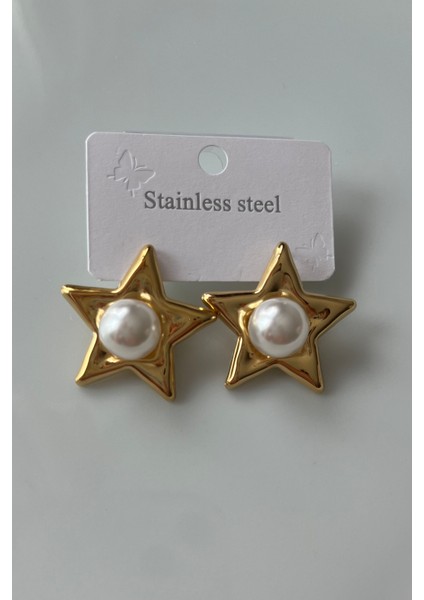 Altın Rengi Inci Dolgulu Yıldız Çelik Küpe