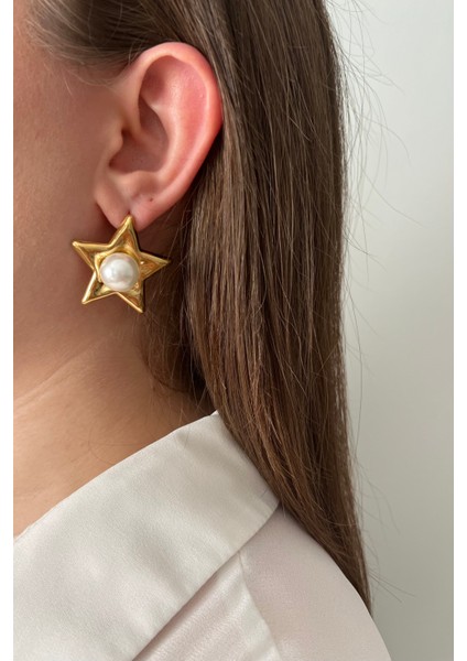 Altın Rengi Inci Dolgulu Yıldız Çelik Küpe fiyatları