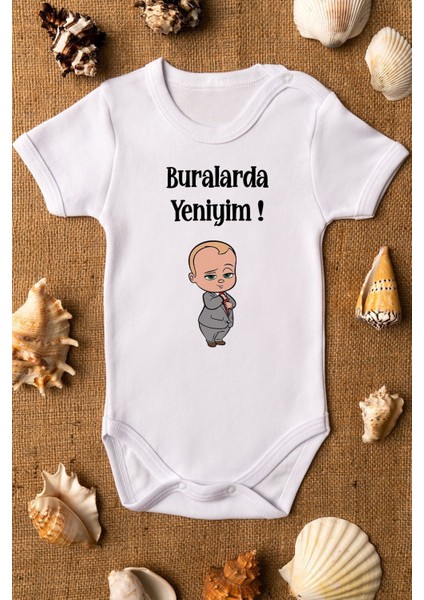 Organik %100 Pamuk Patron Bebek Buralarda Yeniyim Yazılı Bebek Body Çıtçıtlı Badi Zıbın Tulum 5202