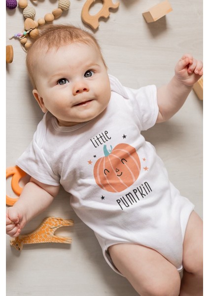 Organik %100 Pamuk Little Pumpkin Baskılı Kısa Kollu Çıtçıtlı Bebek Body Badi Zıbın Tulum 5540