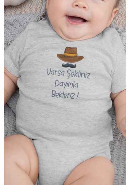 Organik %100 Pamuk Dayımla Bekleriz Baskılı Bebek Body Çıtçıtlı Badi Zıbın Tulum 5569-YENI-G
