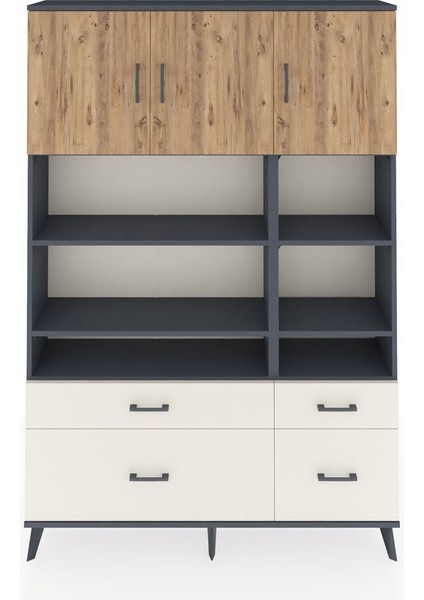 Arges Dolap 10 Raflı 4 Çekmeceli 3 Kapaklı 132X30X195 Antrasit-Çam/aytaşı