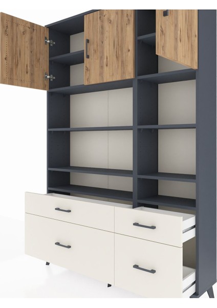 Arges Dolap 10 Raflı 4 Çekmeceli 3 Kapaklı 132X30X195 Antrasit-Çam/aytaşı fırsatları