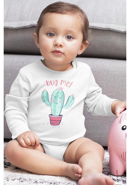 Organik %100 Pamuk Hug Me Sarıl Bana Baskılı Uzun Kollu Çıtçıtlı Bebek Body Badi Zıbın Tulum 5487