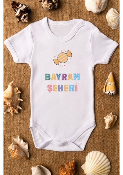 Organik %100 Pamuk Bayram Şekeri Yazılı Bebek Body Beyaz Çıtçıtlı Badi Zıbın 5208