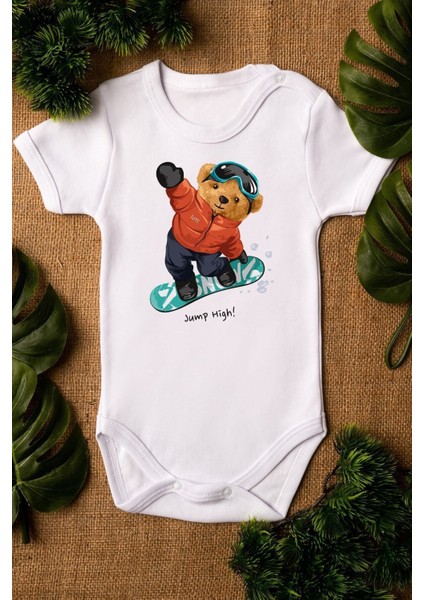 Organik %100 Pamuk Teddy Bear Snowboard Baskılı Bebek Body Kısa Kollu Badi Çıtçıtlı Zıbın 5284