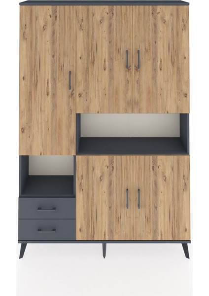 Arges Dolap 10 Raflı 2 Çekmeceli 5 Kapaklı 132X30X195 Antrasit-Çam/antrasit
