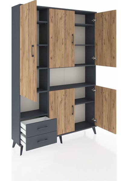 Arges Dolap 10 Raflı 2 Çekmeceli 5 Kapaklı 132X30X195 Antrasit-Çam/antrasit indirimleri