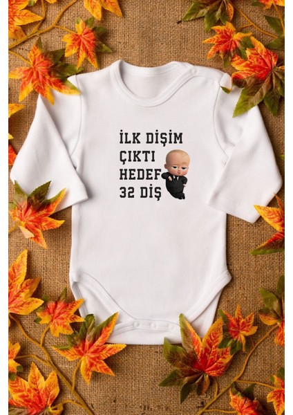 Organik %100 Pamuk Patron Bebek Ilk Dişim Çıktı Uzun Kollu Çıtçıtlı Bebek Body Badi Zıbın Tulum 5580