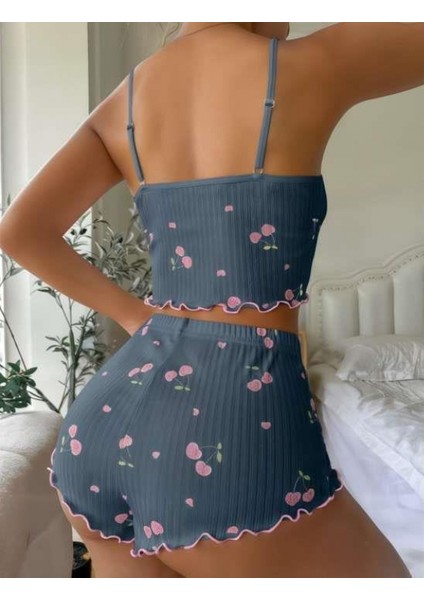 Mavi Kiraz Desenli Askılı Şortlu Pijama Takımı fiyatları
